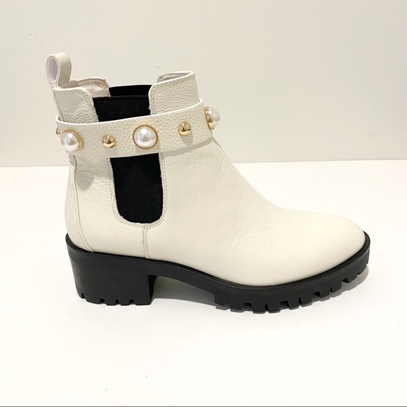 KARL LAGERFELD Pola Leather Off White Pearl Stud Ankle Strap Chelsea Booties NWT - Picture 2 of 16